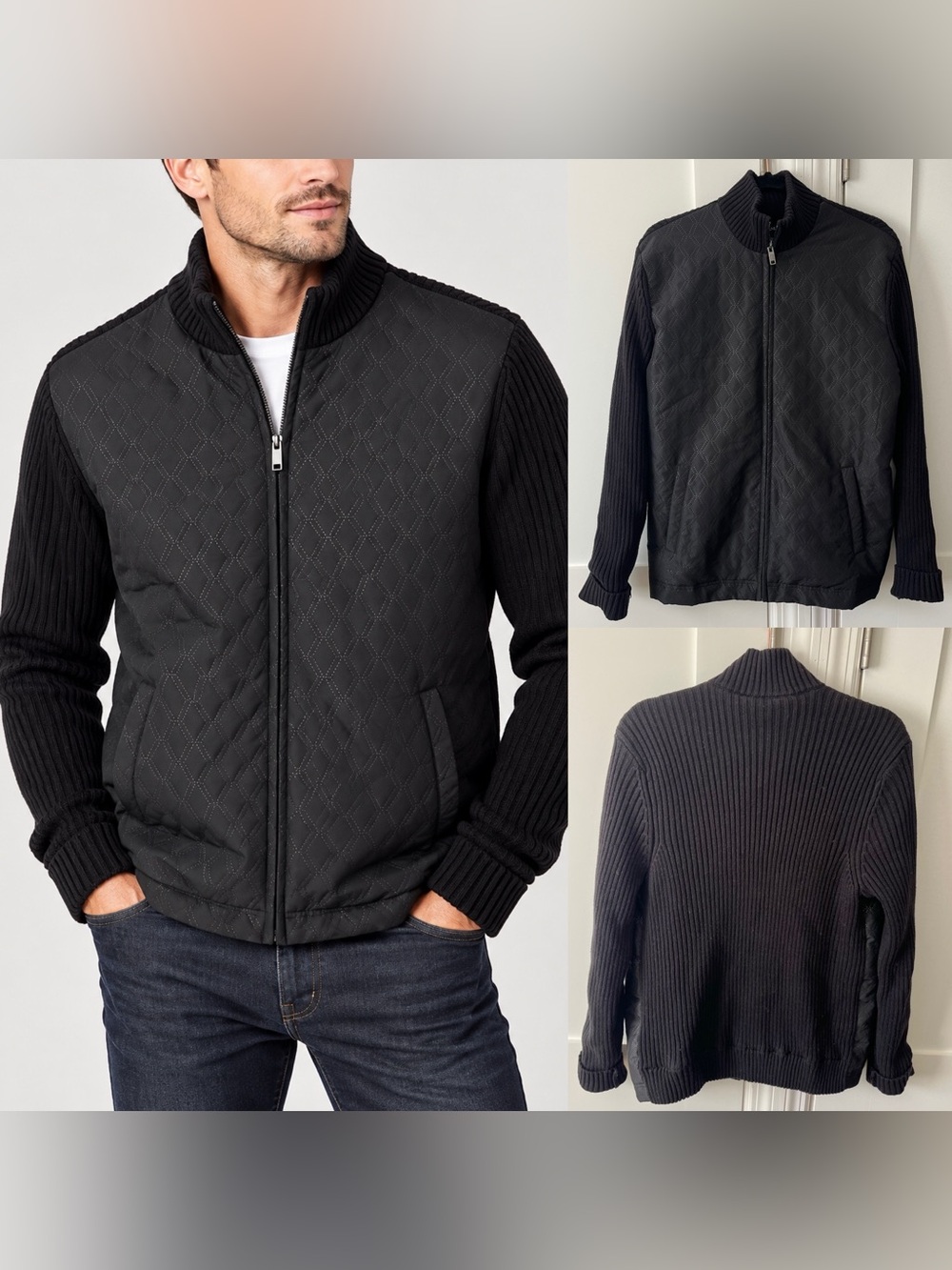Alfani Men’s Quilted Faux Fur Lined Sweater Jacket Black Sz M
